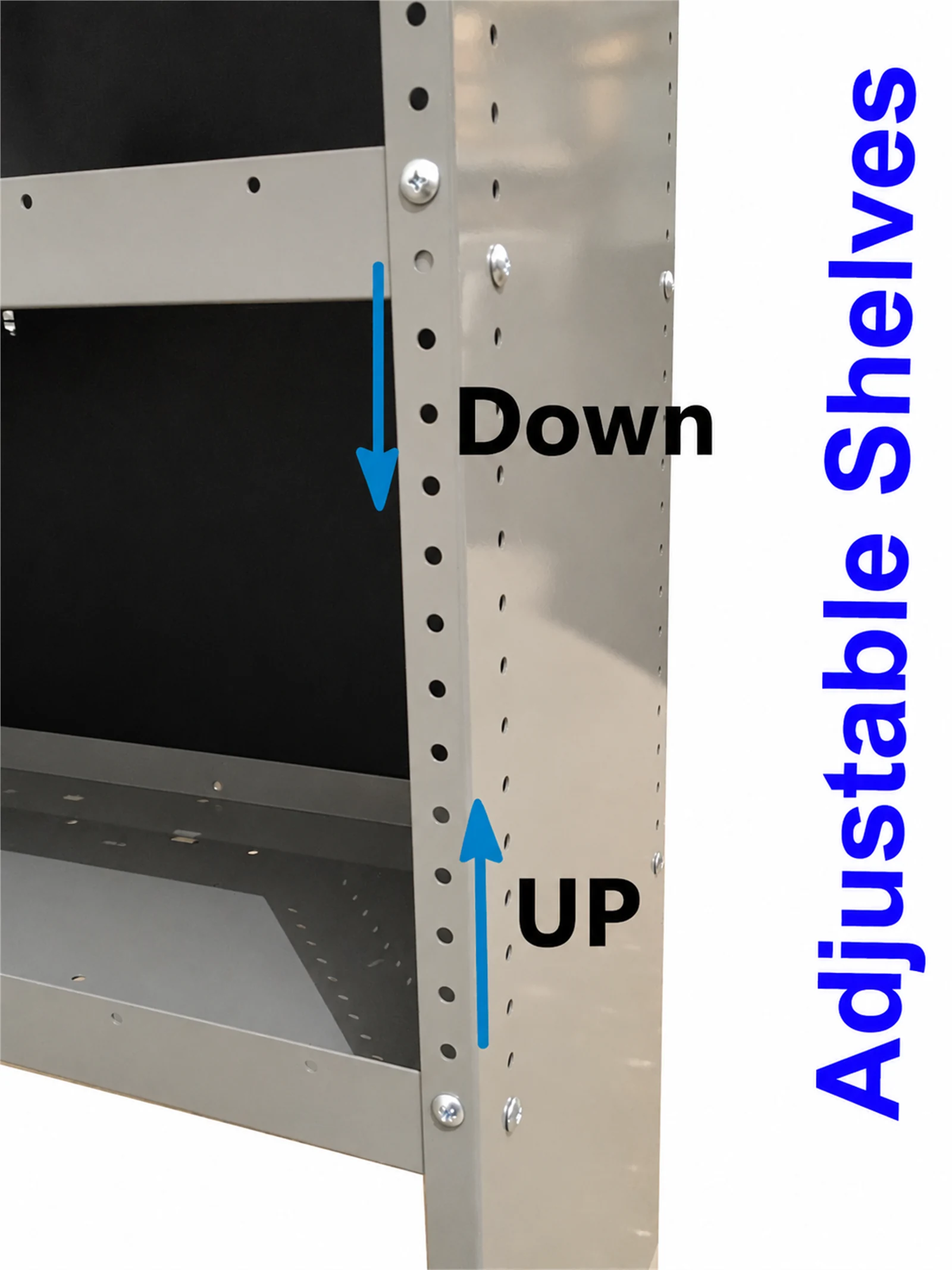 Shelf-height adjustment for the RAM ProMaster aluminum shelving set of 3, shown in an illustrative close-up with up-and-down arrows