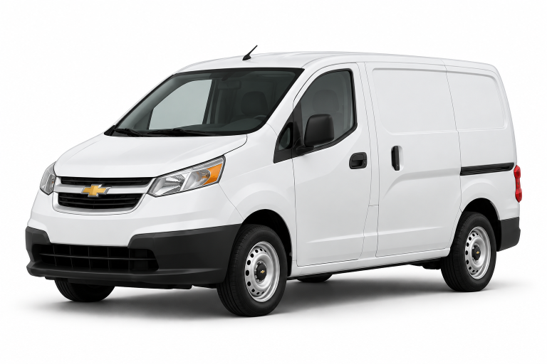 White Chevrolet City Express cargo van, front three-quarter view — True Racks vehicle selection