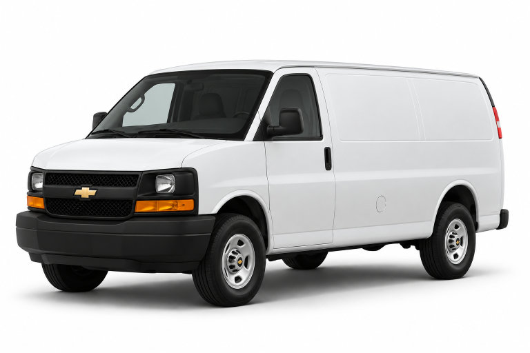 White Chevrolet Express cargo van, front three-quarter view — True Racks vehicle selection