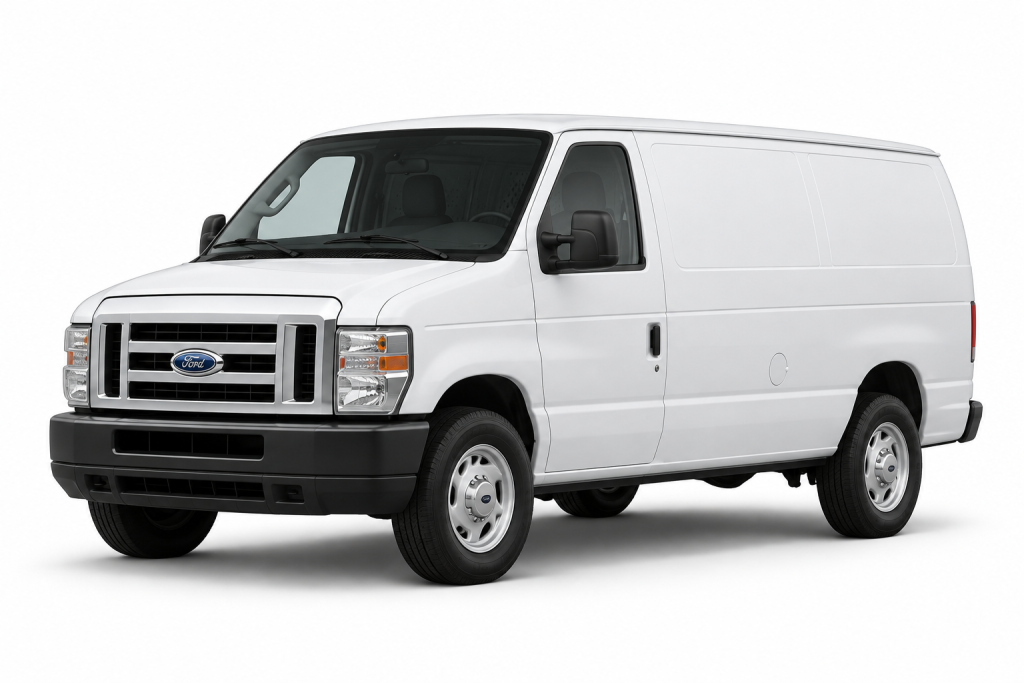 White Ford Econoline cargo van, front three-quarter view — True Racks vehicle selection