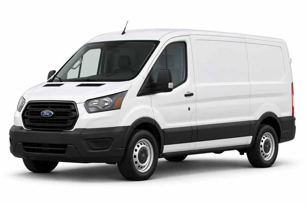 White Ford Transit cargo van, front three-quarter view — True Racks vehicle selection