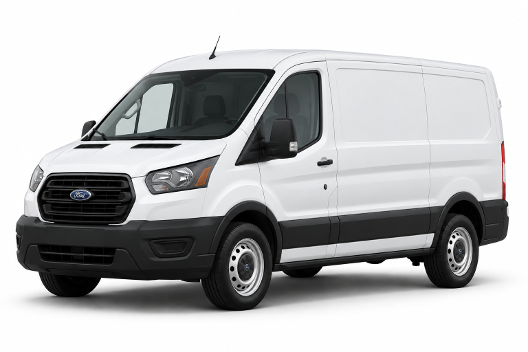 White Ford Transit cargo van, front three-quarter view — True Racks vehicle selection