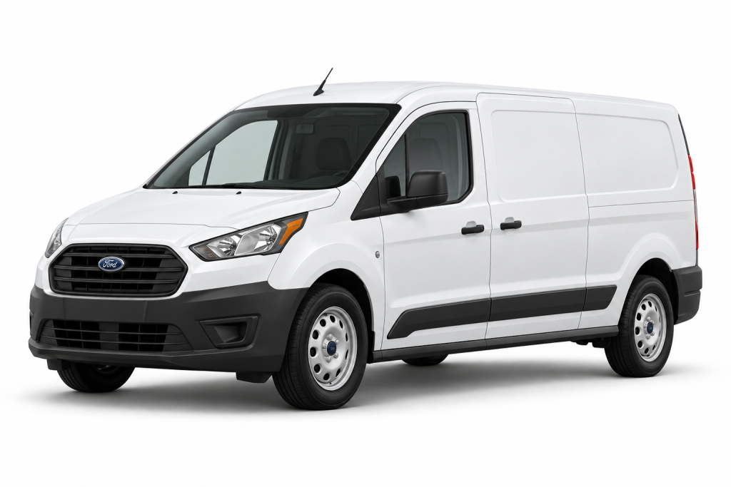 White Ford Transit Connect cargo van, front three-quarter view — True Racks vehicle selection