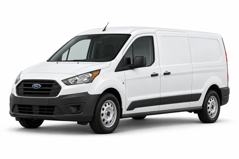 White Ford Transit Connect cargo van, front three-quarter view — True Racks vehicle selection