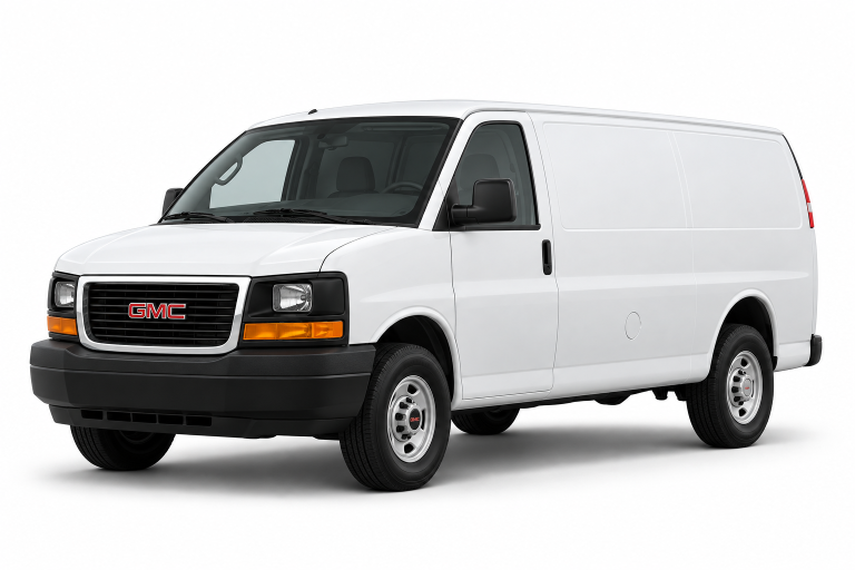 White GMC Savana cargo van, front three-quarter view — True Racks vehicle selection