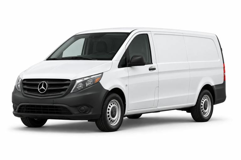 White Mercedes-Benz Metris cargo van, front three-quarter view — True Racks vehicle selection