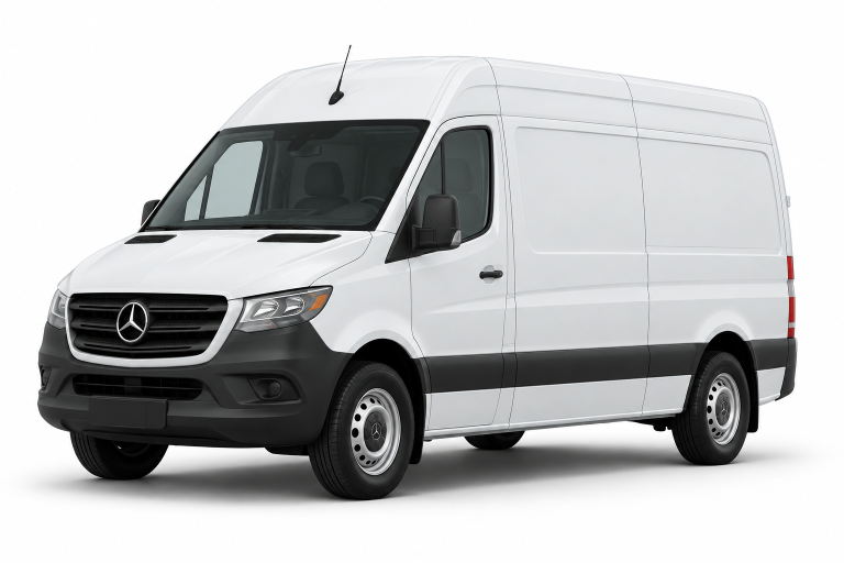 White Mercedes-Benz Sprinter cargo van, front three-quarter view — True Racks vehicle selection