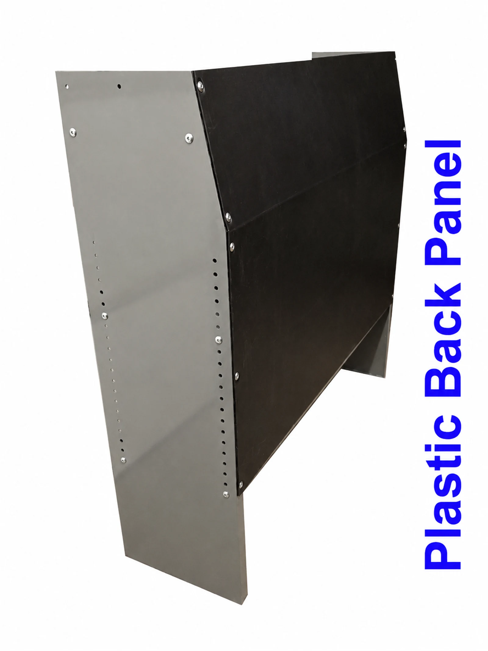 Plastic back panel attached to a van shelving unit