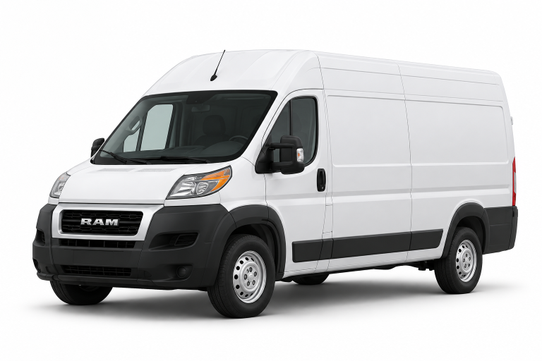 White RAM ProMaster cargo van, front three-quarter view — True Racks vehicle selection