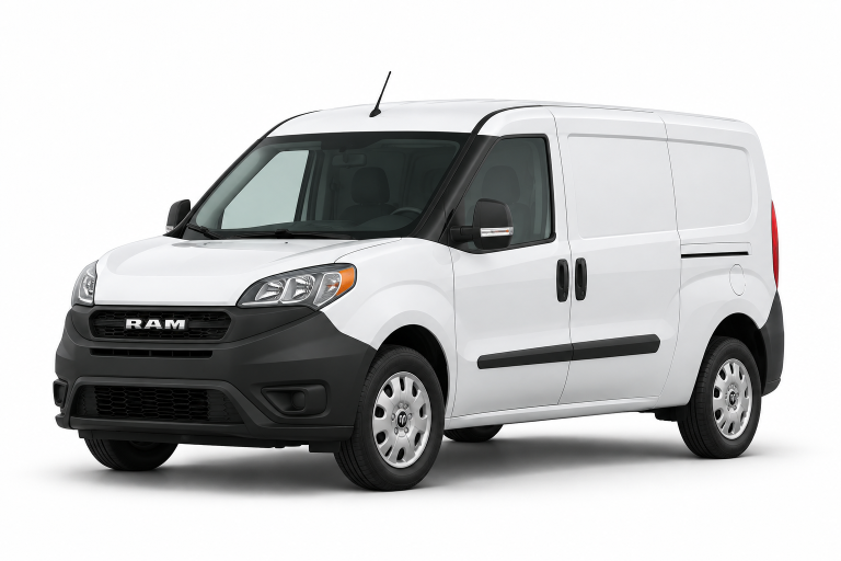 White RAM ProMaster City cargo van, front three-quarter view — True Racks vehicle selection