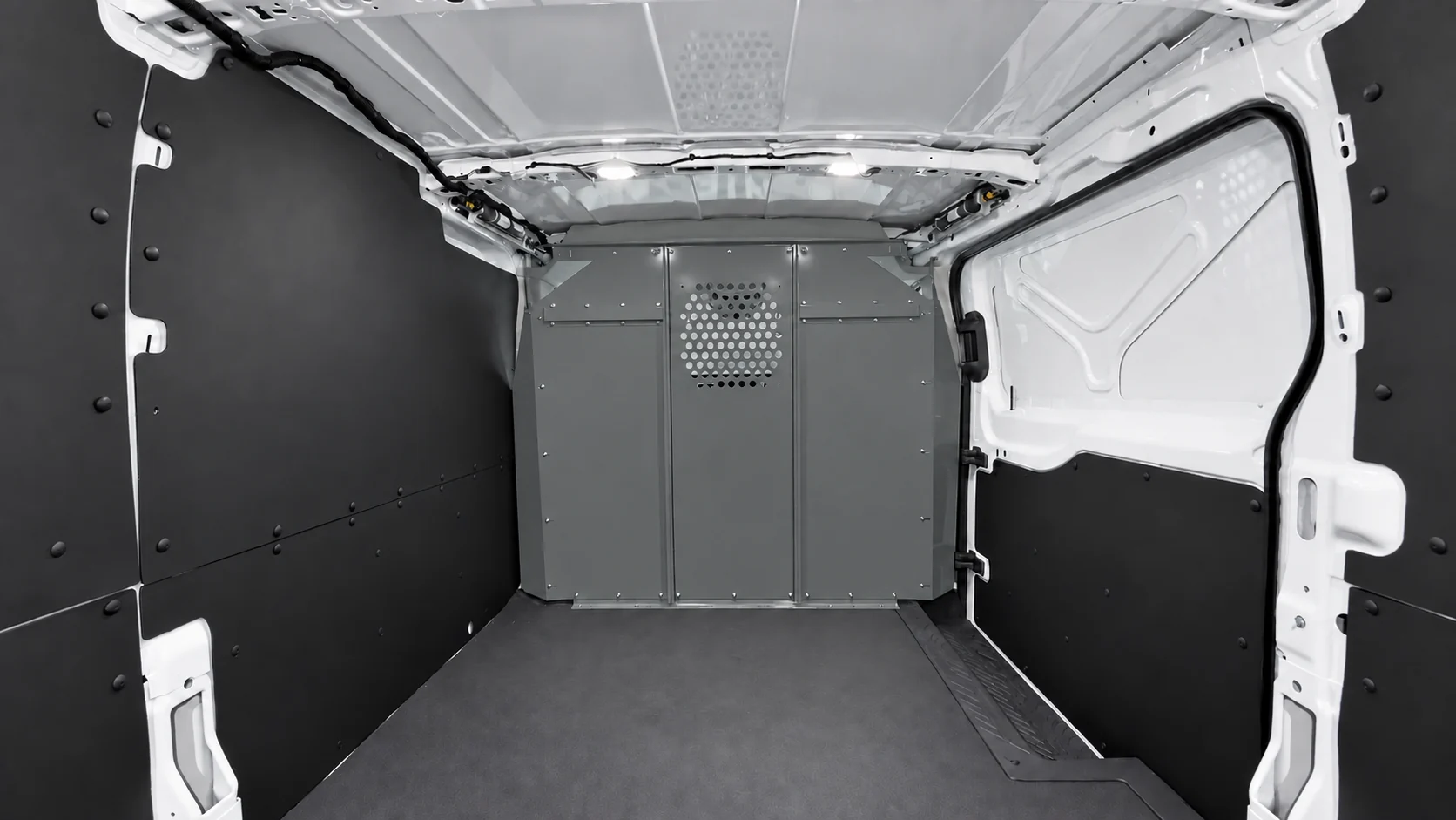 Ford Transit low roof partition VP-FTL in RAL 7005 Mouse grey, viewed from the cargo area