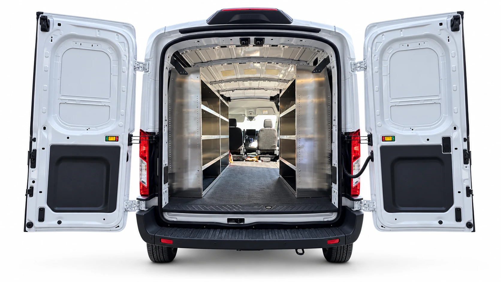 Ford Transit aluminum shelving set of 3 installed with two driver-side units and one passenger-side unit, viewed through the open rear doors