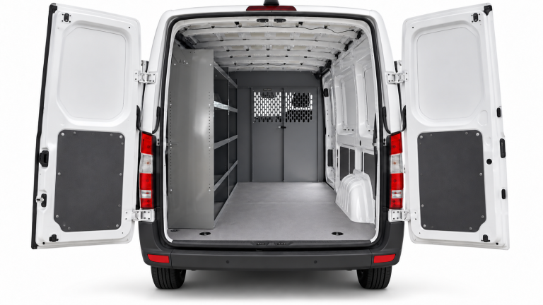 Mercedes-Benz Sprinter steel shelving set of 2 installed along the driver side, viewed through the open rear doors.