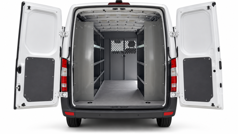 Mercedes-Benz Sprinter steel shelving set of 3 with two driver-side units and one passenger-side unit, viewed from the rear.
