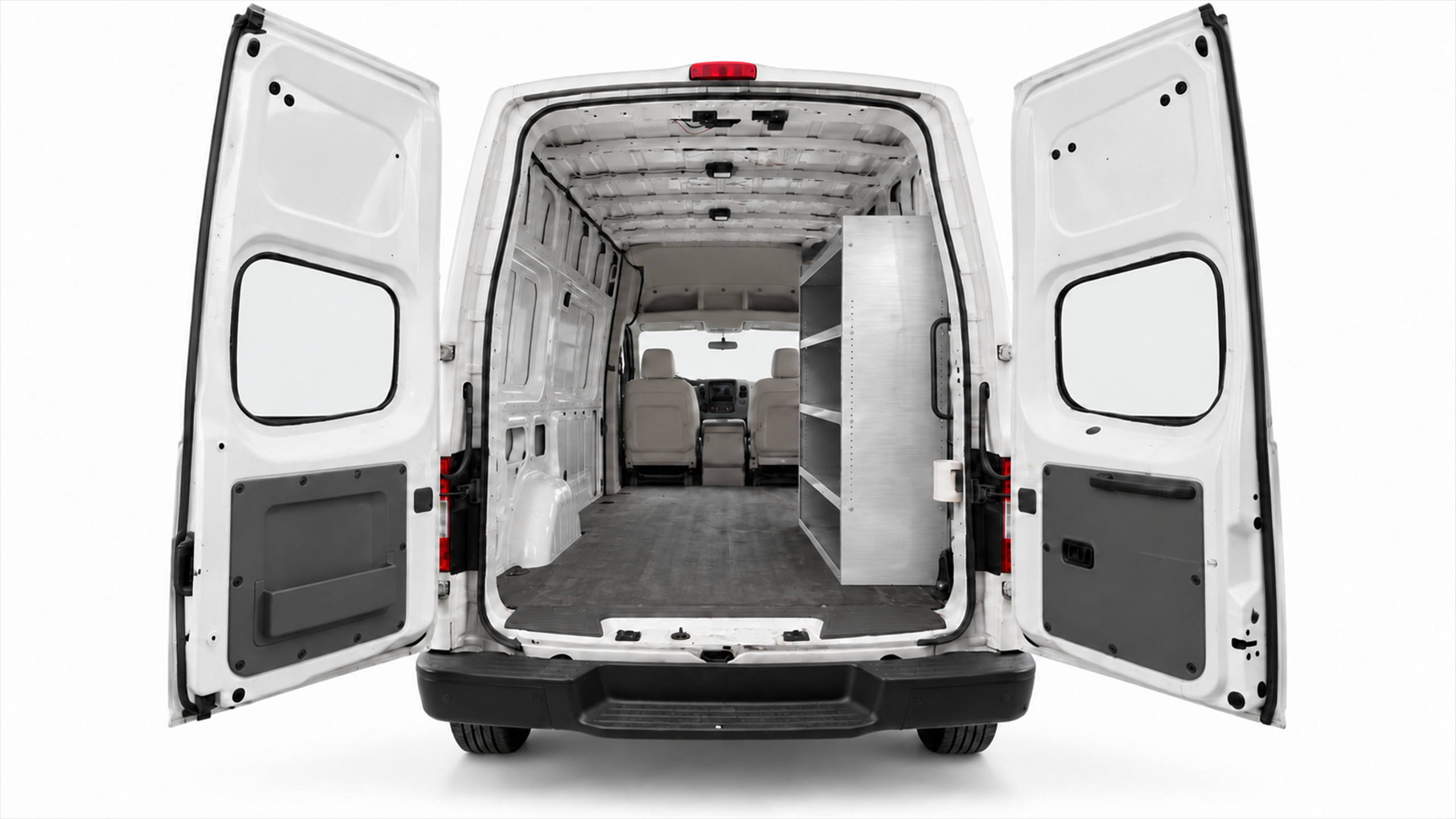 Nissan NV aluminum shelving unit installed on the passenger side of a High Roof cargo van, viewed through the rear doors