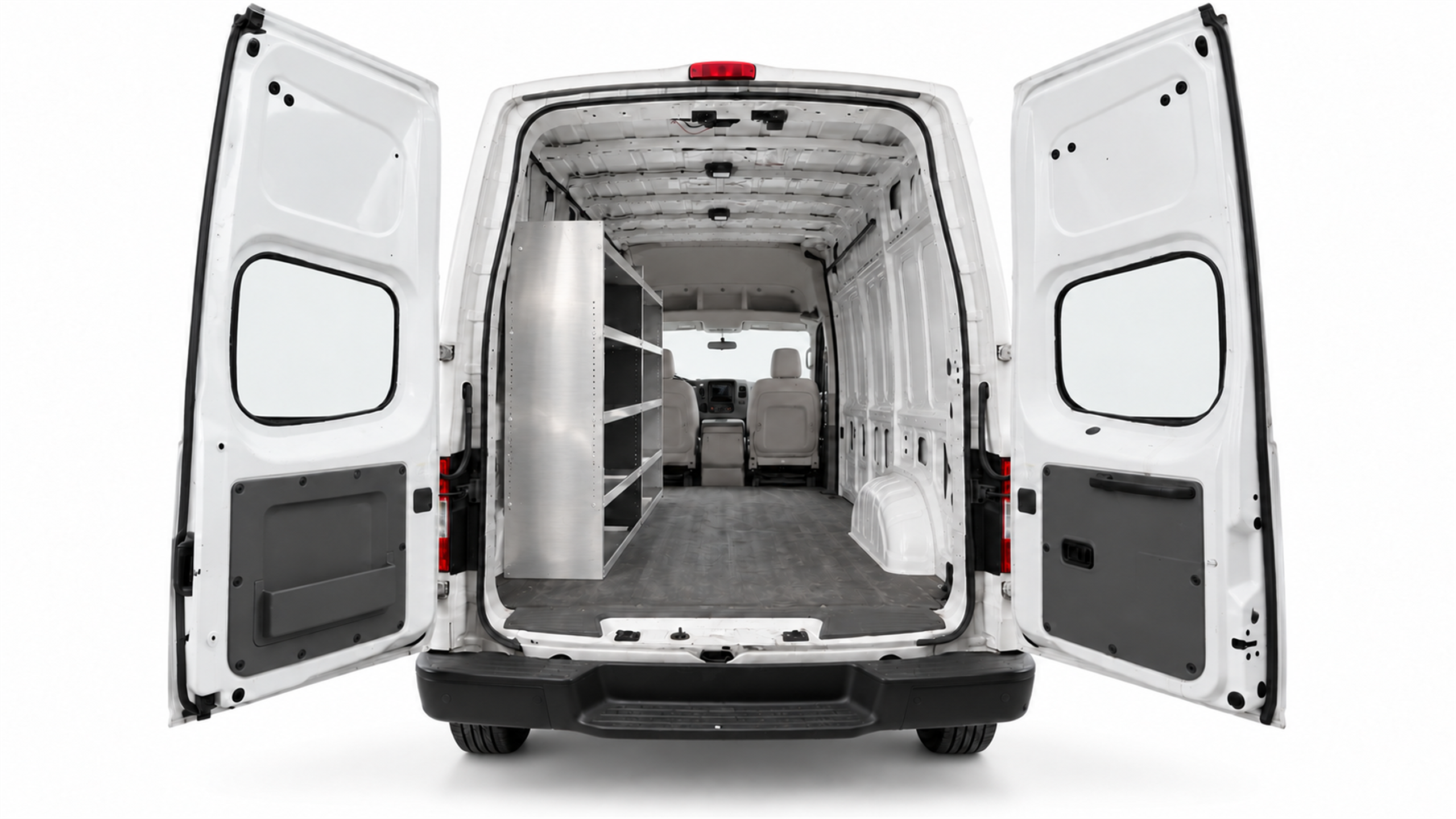 Nissan NV aluminum shelving set of 2 installed along the driver side of a High Roof cargo van, viewed through the rear doors