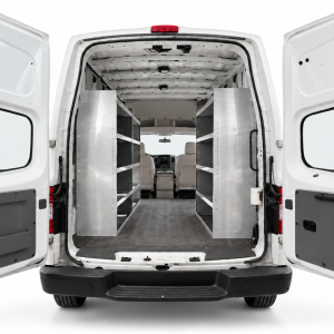 Nissan NV aluminum shelving set of 3 in a High Roof cargo van, with two driver-side units and one passenger-side unit