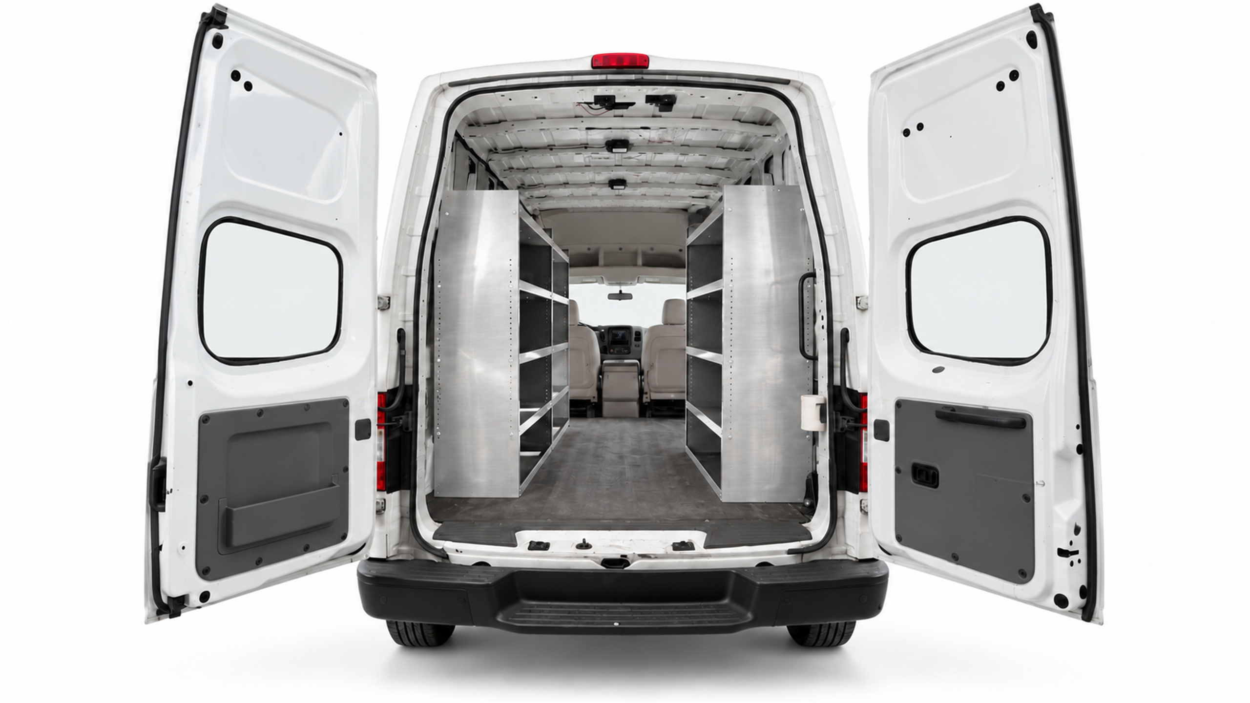 Nissan NV aluminum shelving set of 3 in a High Roof cargo van, with two driver-side units and one passenger-side unit