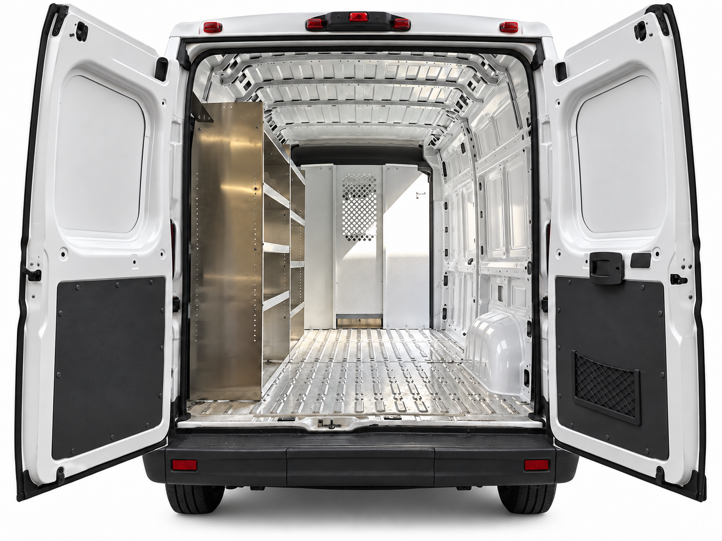 RAM ProMaster aluminum shelving set of 2 installed along the driver side, viewed through the open rear doors